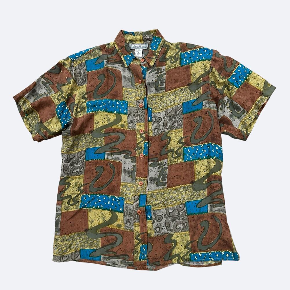 Vintage 90s 100% Silk Abstract Print Shirt Blouse Short Sleeve Oversized M -